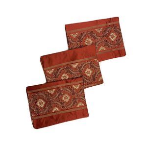 Set of 3 Luxury Embroidered Valances Curtains Cinammon Red Satin Gold Faux Silk